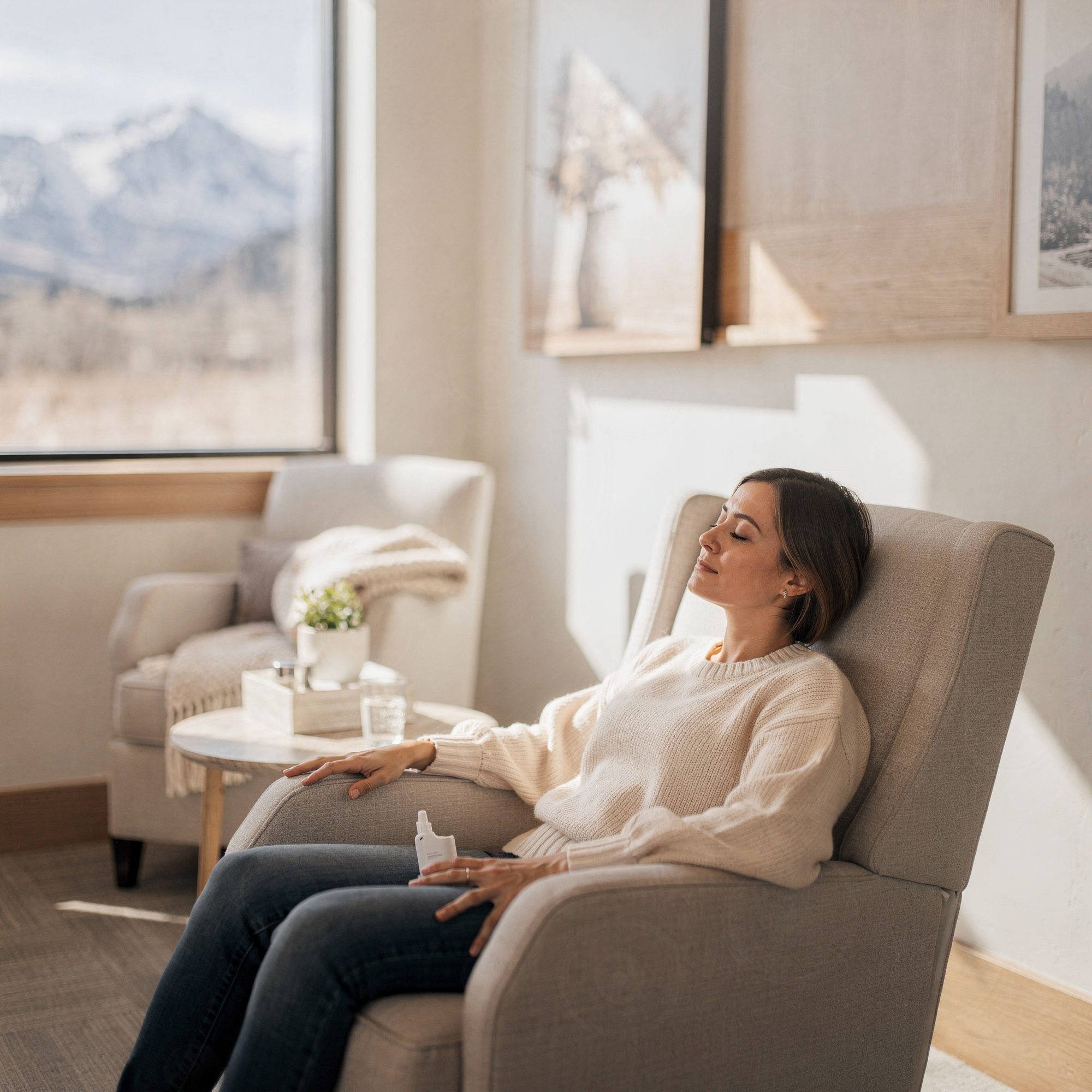 Patient relaxing in a comfortable chair during Spravato treatment at Myndful Wellness in Palisade, CO